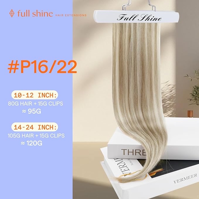 Full Shine Clip on Human Hair Extensions Blonde 14 Inch Hair Extensions Clip ins Real Human Hair Golden Blonde Highlights Light Blonde 120 G 7 Pcs