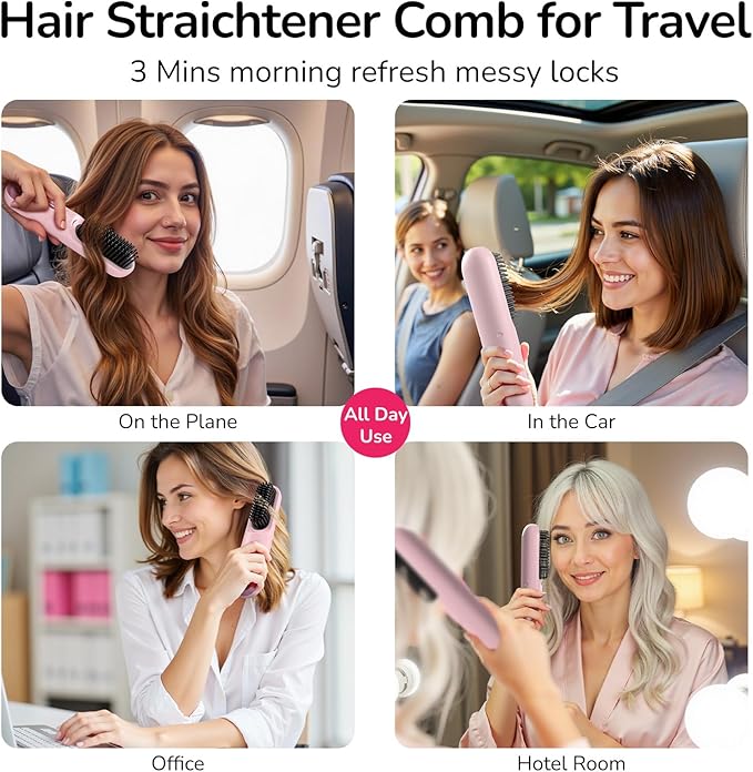 Go Brush Pro 2026 Hair Straightener Brush 300 Million Negative Ionic Portable Cordless Hair Straightener for Women with 4 Temps Fast Heating MCH Ceramic Coating Smooth Frizz - Free Hair Gift for Women