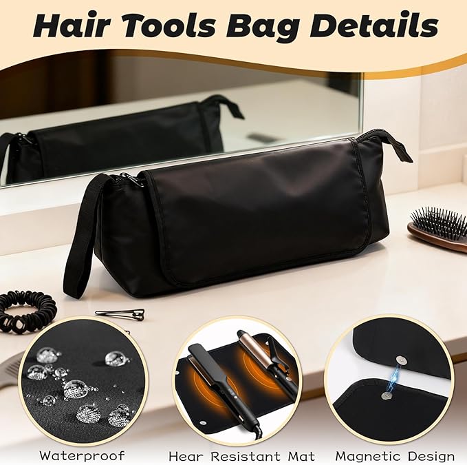 Hot Hair Tools Travel Bag with Removable Heat Resistant Mat 2 in 1 Portable Hair Tool Organizer Bags for Hair Straighteners Curling Irons Hot Air Brushes Hair Dryer Women Travel Essentials (Black)