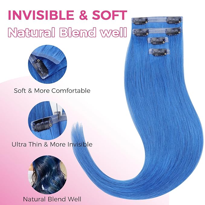 Lashey Seamless Clip in Hair Extensions Human Hair 46g 4pcs 18 Inch Blue Straight Hair Extensions Clip ins with Invisi Edge