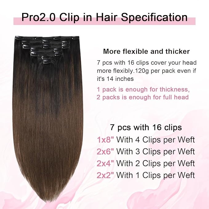 Pro2.0 Clip in Hair Extensions Real Human Hair 20inch 7pcs Color #1BT4 Natural Black Fading to Middle Brown Remy Real Human Hair Extensions Clip ins 120g Thick Double Weft（#1BT4-20inch）