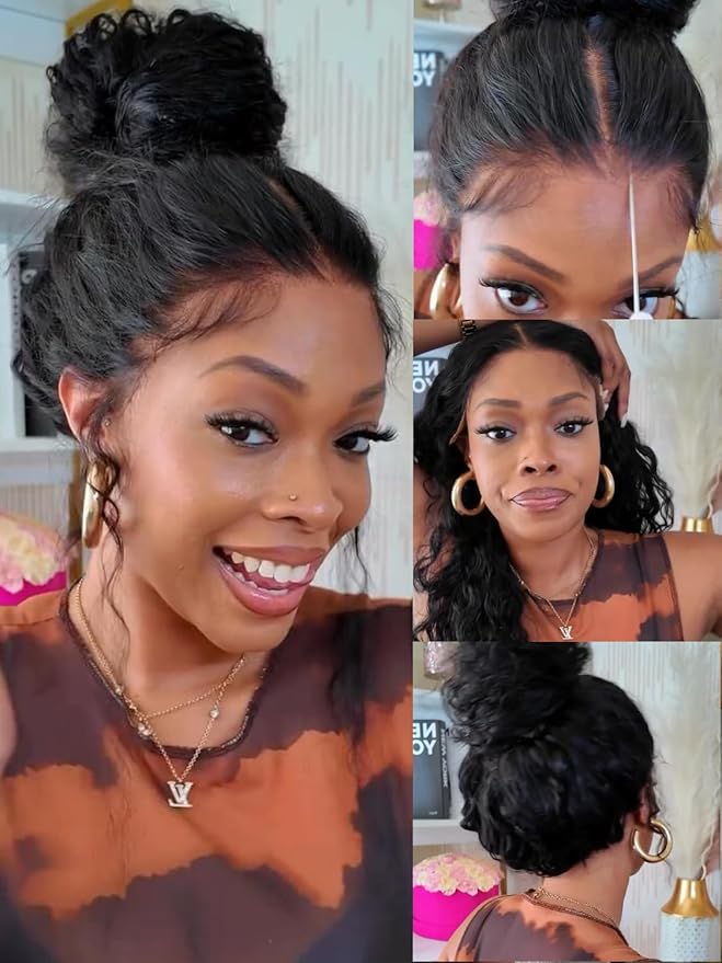 KLAIYI Water Wave Pre Cut 360 Full Lace Frontal Glueless Wig Human Hair Drawstring Pre Plucked Bleached Bye Bye Knots Pre Everything Ready to Wear And Go Curly Beginner Wig with Baby Hair 180% 26Inch
