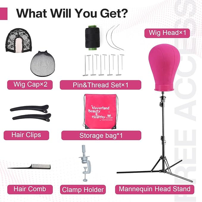 Neverland Beauty & Health 23 Inch Wig Head, Wig Stand Tripod with Head, Wig Head Stand with Mannequin Head for Wigs, Wig Stand with Head, Adjustable Tripod Manikin Head Set for Cosmetology(Rose Red)