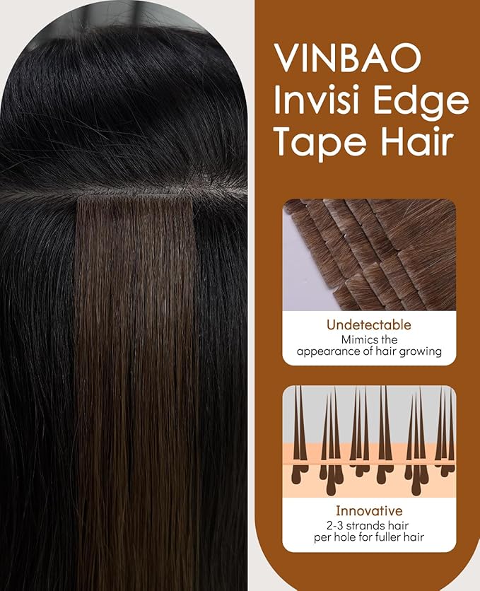 VINBAO Injected Tape in Hair Extensions Invisi Edge Extensions Tape in Human Hair 60g 22in 20pcs Off Black Pro Virgin Hair Invisible Thick Ends 22inch #1B