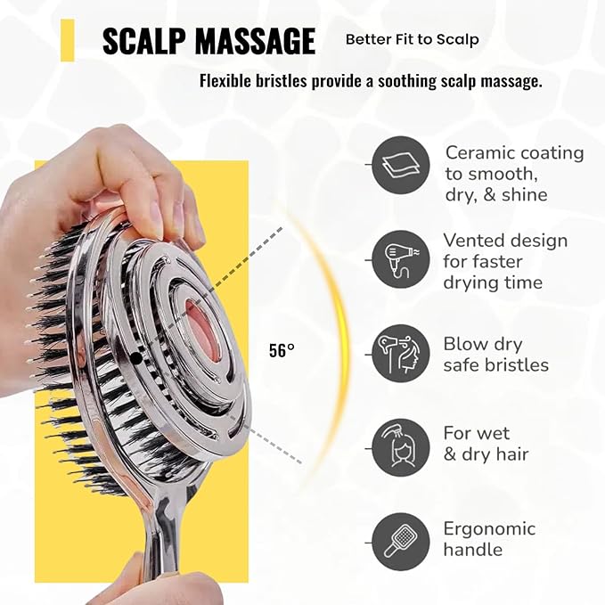 Vented Hair Brush Wet Dry Hair Brush for Quick Flat Blow Drying with Natural Boar Bristles Elastic Scalp Massage Brush Double Layer Design for Smooth Hair（Chrome Silver）