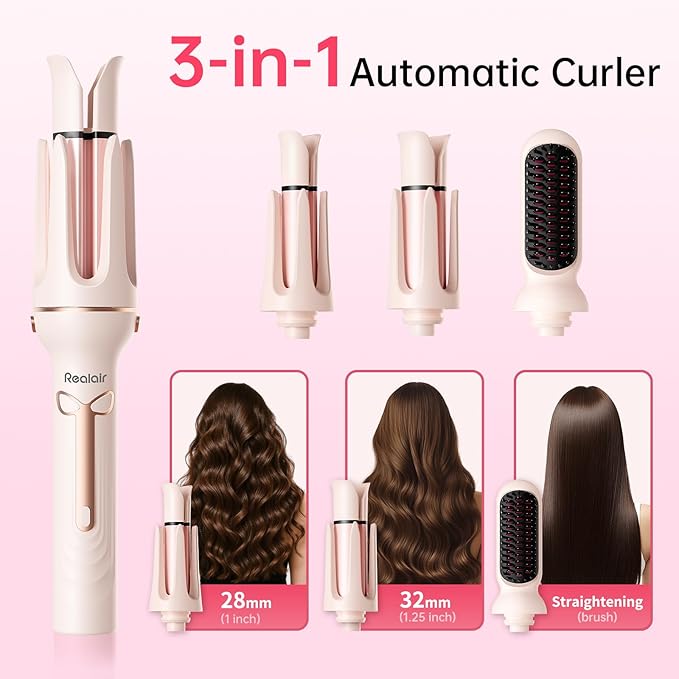 Automatic Curling Iron Beach Wave Curling Wand, Ceramic Coated, Straightening Brush, 1inch and 1.25 inch Portable 3-in-1Hair Curler, 2-Way Rotation Curler 4 Temperatures, 30 Min Auto Shut-Off