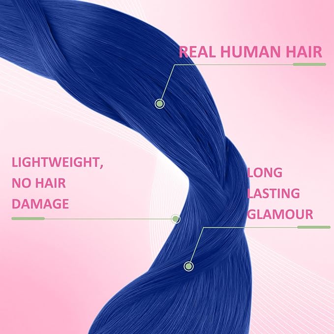 YoungSee Tape in Hair Extensions Real Human Hair Blue Invisible Tape in Human Hair Extensions Blue 14 Inch Seamless Tapes Hair-Extensions Colored 10pcs 25g Prom Night Hair Extension