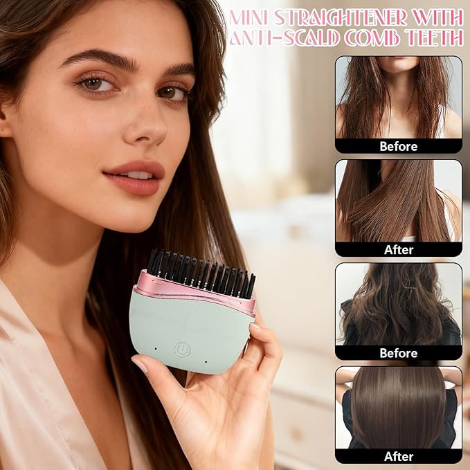 Mini Straightener, New Cordless Rechargeable Portable Hair Straightener Brush, 3-Speed Temperature Control, Anti-Scald Shell, Lightweight & Portable Travel (Pink)