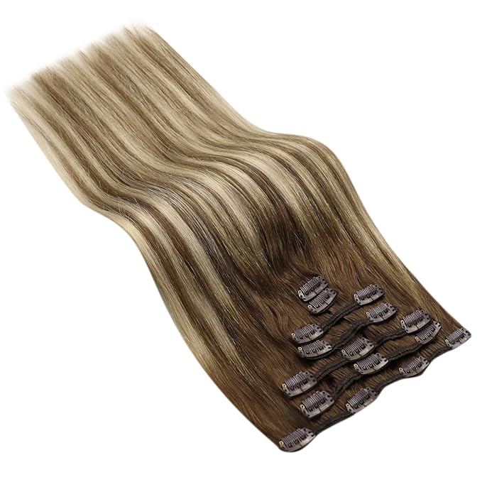 Ve Sunny Clip in Human Hair Extensions Balayage Clip on Hair Extensions Chestnut Brown with Blonde Ombre Clip in Extensions Human Hair Double Weft Remy Human Hair 18inch 7pcs 120g
