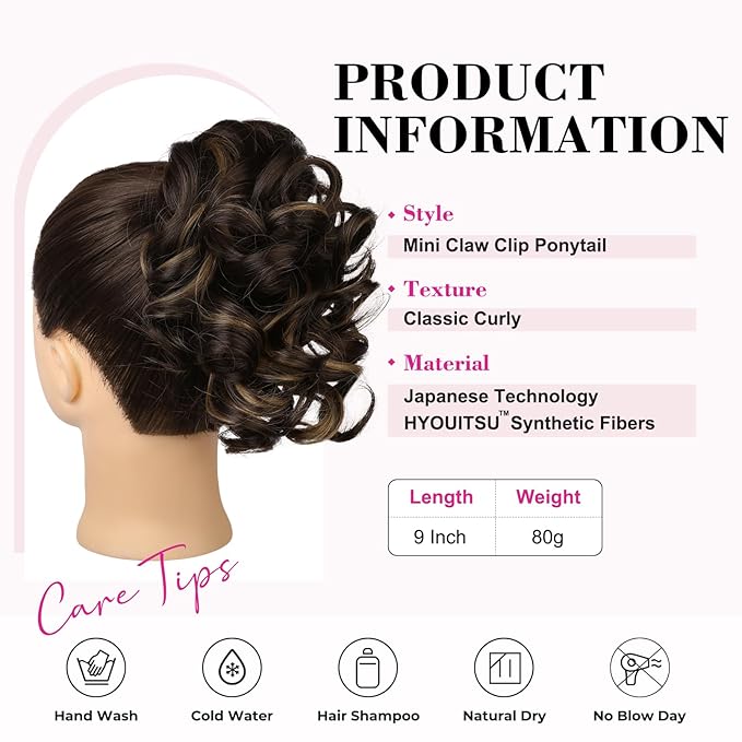 REECHO 9" Short Ponytail Extension, Classic Loose Curly Wavy Claw Clip Pony tails Hair Extensions HP001 Hairpieces for Women - Dark Brown with Highlights