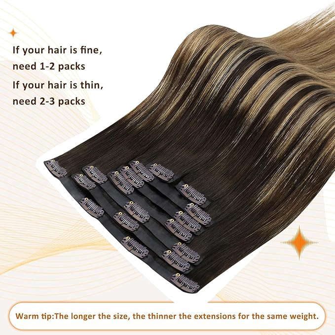 Full Shine Balayage Clip in Hair Extensions 16 Inch Ombre Dark Brown to Light Brown with Caramel Blonde Remy Human Hair with Thick Ends Clip ins 8 PCS 120 Grams
