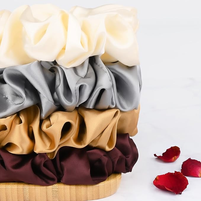 CEELGON Brown Black Big Satin Scrunchies for Women 6.3Inches Large Scrunchie Coffee Satin Oversized Thick Elastic Hair Ties Jumbo Hair Scrunchies 6 Pack (black,coffee, champagne,brown,grey,dark brown)
