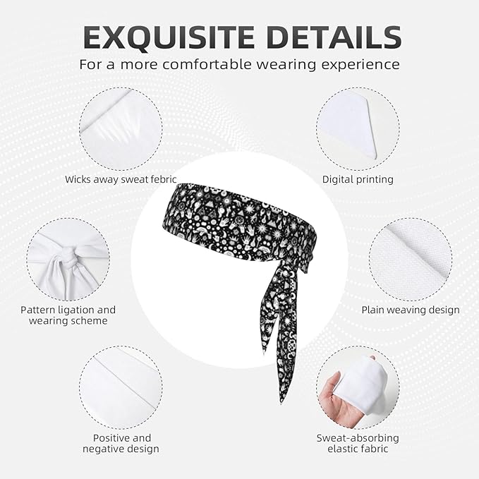 Men's Women Sports Sweatband, Multi Style Long Head Ribbon for Running Fitness Spa, Cool Halloween Goth Gothic Raven Crow Skull Sun Moon Tattoos Headwear Head Accessories