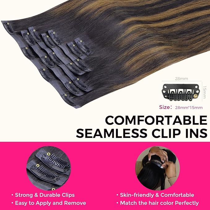 Lashey Seamless Clip in Hair Extensions Human Hair Straight 7Pcs 110g 16inch Natural Black Mixed Chestnut Brown Soft Flat PU Weft Clip ins Real Human Hair for Women