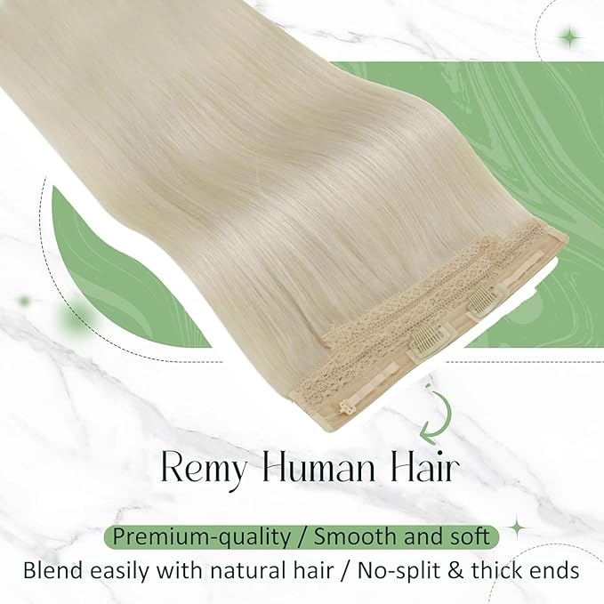 RUNATURE Wire Hair Extensions Human Hair, Platinum Blonde Hair Extensions One Piece Clip in Fish Line Hidden Extnesions, Silky Remy Natural Hair for Women 12 Inch 70g #60