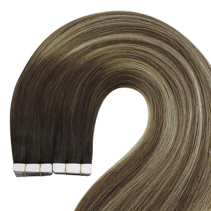 YoungSee Tape in Hair Extensions Human Hair Balayage Dark Brown Tape in Hair Extensions Dark Brown Ombre Medium Brown with Blonde Hair Extension Tape-in -Remy Hair Extension 14In 20pcs 50g