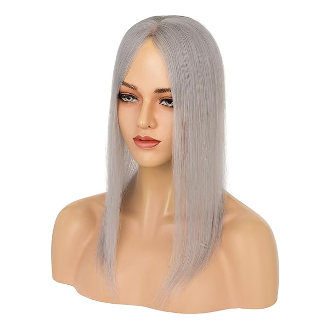 Hairro Human Hair Toppers Free Parted, 3.5x4.7" Base Hand-wovened 100% Real Hairpieces, with Invisible Clips-in for Women, for High Hairline/Adding Volume on Top, 16 Inch Grey