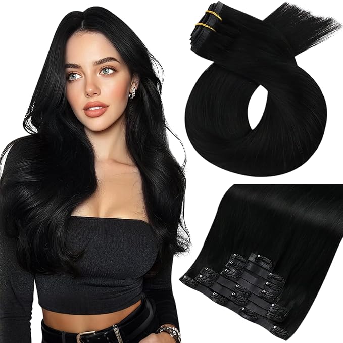 Moresoo Seamless Clip in Hair Extensions Human Hair Black Remy Human Hair Clip in Extensions Jet Black Short Pu Skin Weft 120g/7pcs 14 inch