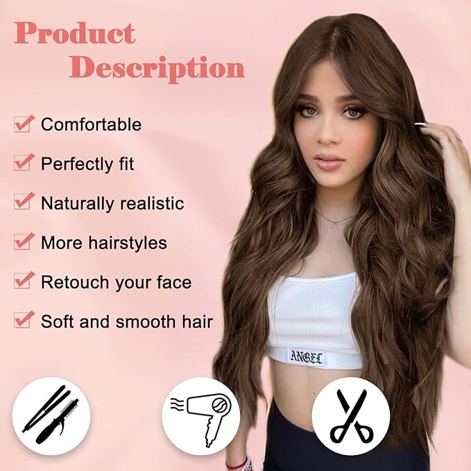 NAYOO Long Dark Brown Wavy Wig for Women 26 Inch Middle Part Curly Wavy Wig Natural Looking Synthetic Heat Resistant Fiber for Daily Party Use(26 Inch Dark Brown)