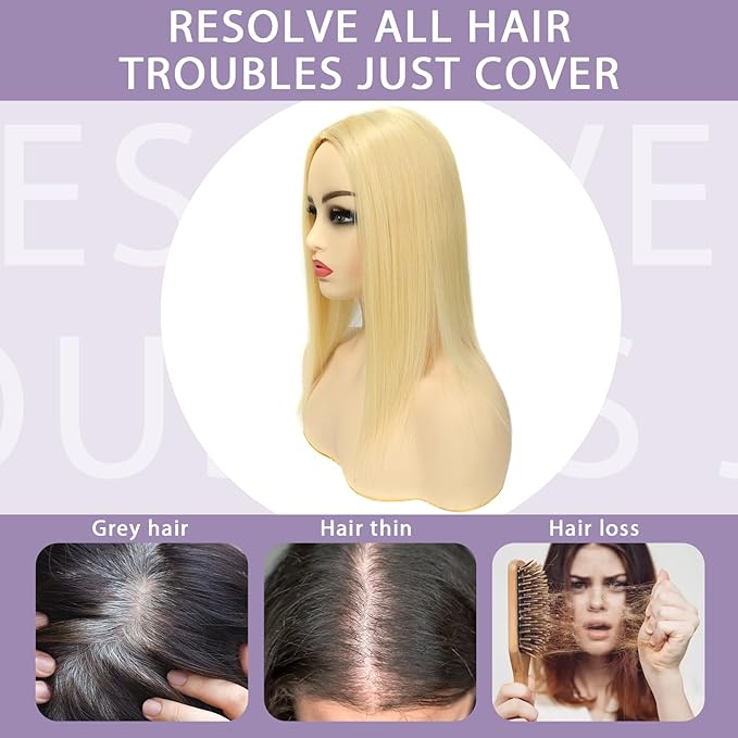 14 Inch Length Hair Toppers for Women with Thinning Hair, 3x5 Inch Injected Silk Base 130% Density Hairpieces #613 Bleach Blonde