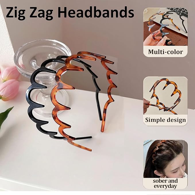 5 PCS Zig Zag Headbands for Women Non Slip, Recycled Plastic Tortoise & Black Headbands with Teeth for Slicked Back Styles, high skull headband Comfortable Comb Hairbands for Women & Girls