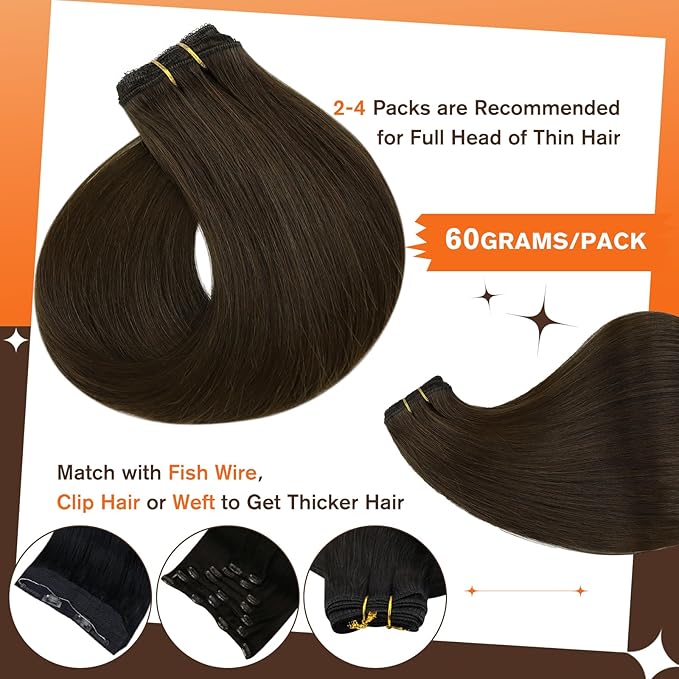 Full Shine Dark Brown Hair Extensions Real Human Hair Clip ins Brown Real Hair Clip in Extensions for Woman Straight Hair 14 Inch 3 PCS 60 G