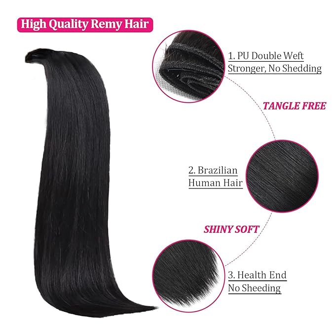 Straight Clip in Hair Extensions Real Human Hair 110g Brazilian Human Hair Clip ins, Soft Natural Clip in Extensions 8pcs Double Weft Clip on Hair Extensions for women 16Inch