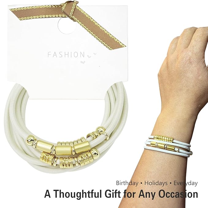 Blonde Extra Large Long Bracelet Hair Ties for Thick Curly Hair,3 Pack 3mm Elastic Ponytail Holders Accessories for Women No Damage Stretchy Pony Tails Bands with Gold Metal Charms Beads