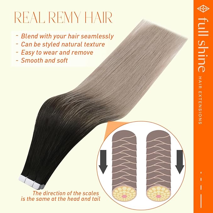 Full Shine Tape in Hair Extensions Human Hair Off Black Ombre Ash Blonde 12Inch Silky Straight Tape Extensions Balayage Real Human Hair Tape in Extensions Seamless Skin Weft 30G 20Pcs