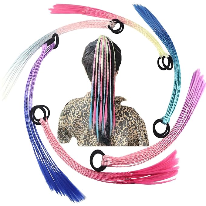 Colored Braids Hair Extensions with Rubber Bands Rainbow Braided Synthetic Hairpieces Ponytail Hair Accessories for Women Kids Girls Party Highlights Cosplay Dress Up (12PCS C Style)