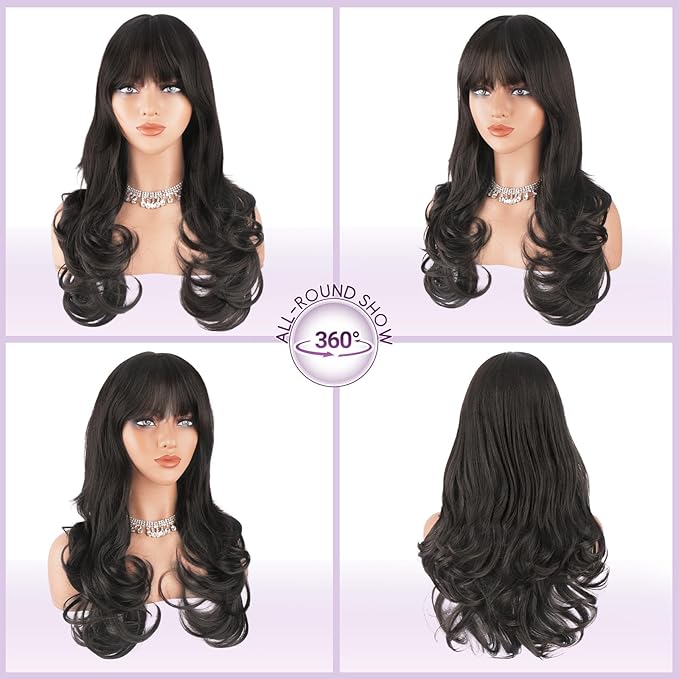 Haloo Brown Wigs with Bangs Long Wavy Layered Haircut Natural Looking Fluffy Synthetic Heat Resistant Hair Wig for Women Daily Party, 24 Inch Dark Brown