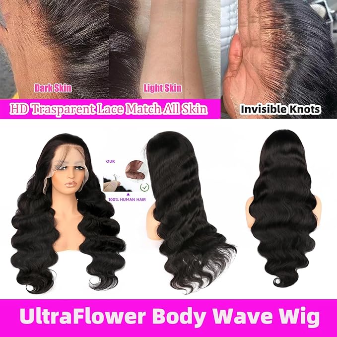 36 Inch 200% Density 13x6 Body Wave HD Lace Front Wigs Human Hair 13x6 HD Transparent Lace Front Wigs Human Hair Pre Plucked Glueless Wigs for Women Frontal Wigs Black Wig Body Wave Wig