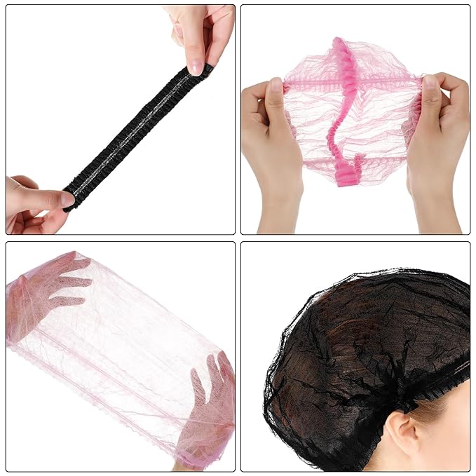 Geyoga 200 Pcs Disposable Nonwoven Bouffant Caps 21 Inch Hair Net Elastic Cap Hair Cover Hats for Beauty Salon Hospital Spa Catering Dust-free Workspace (Pink,Black)