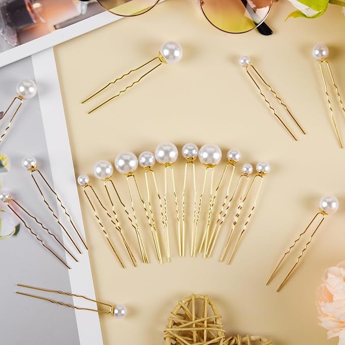 NEBURORA 36 Pcs Wedding Pearl Hair Pins U Shape Pearl Hair Accessory for Brides Bridesmaids Women Gold