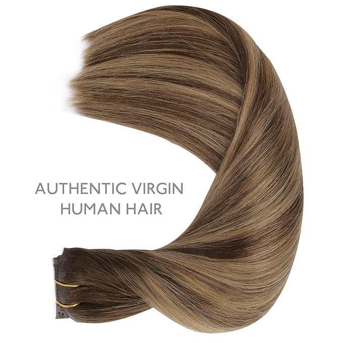 WENNALIFE Lace Seamless Clip in Hair Extensions Human Hair 7pcs Ultra Invisible 50% Thinner Seamless Clip Ins Balayage Chocolate Brown to Caramel Blonde Natural Remy Hair 14 inch