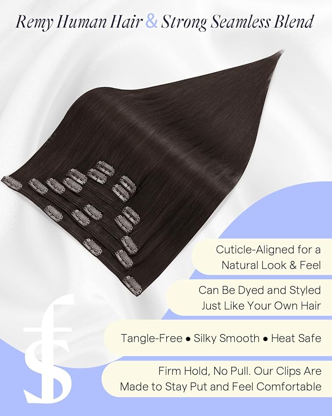 Full Shine Thick Clip in Hair Extensions Real Human Hair Darkest Brown Straight Invisible Clip in Extensions Natural Hair Extensions for Women Extra Volume 7 Pcs 20 Inch
