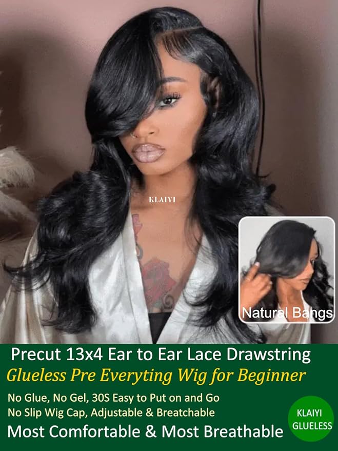 KLAIYI Loose Body Wave Pre Everything Glueless 13x4Lace Front Wig Human Hair Drawstring Precut Lace Pre Plucked Bleached Bye Bye Knots 3S Ready to Wear and Go Wig with Face Framing Curtain Bang 20Inch