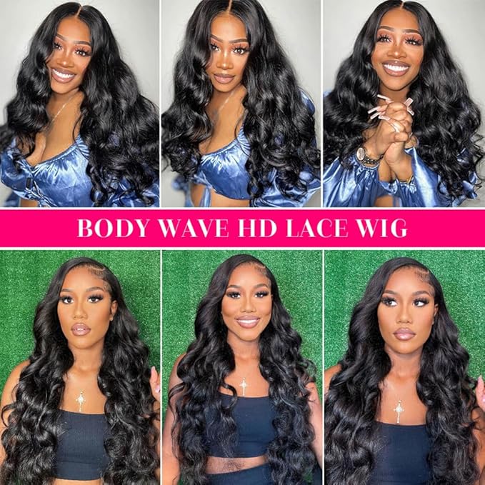 13X6 Body Wave Lace Front Wigs Human Hair 180% Density 24 Inch HD Lace Front Wigs Human Hair Pre Plucked Glueless Wigs Human Hair for Black Women Frontal Wigs with Baby Hair Natural Color