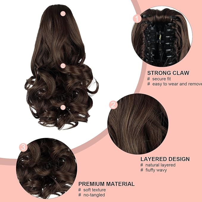 Ponytail Extension, Clip on Ponytails for Women, 12" Claw Clip in Short Curly Wavy Pony Hair Extension for Women - Light Brown