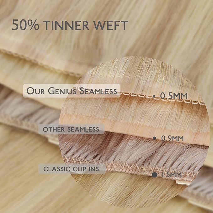 WENNALIFE Lace Seamless Clip in Hair Extensions Human Hair 7pcs Ultra Invisible 50% Thinner Seamless Clip Ins Light Blonde Highlighted Golden Blonde Natural Remy Hair 14 inch