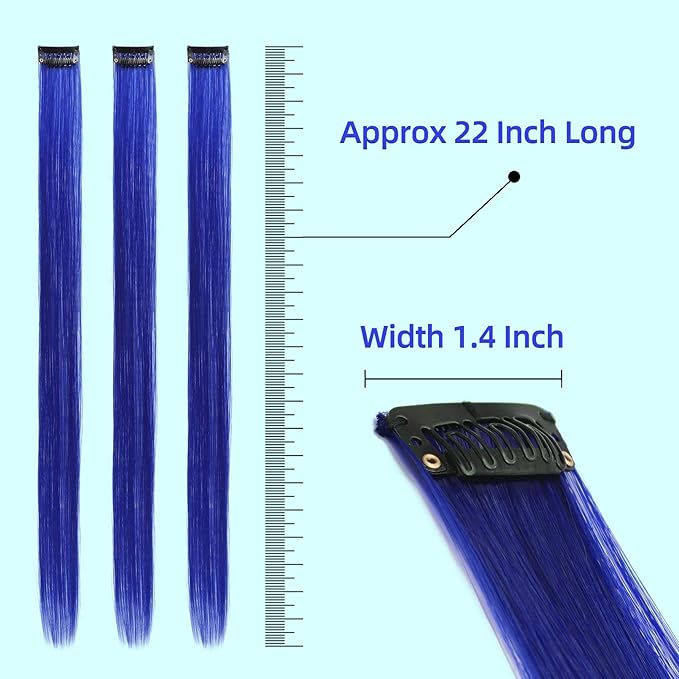 Blue Hair Extensions Clip in, 22 Inch 10 Pcs Long Straight Colored, for Kids Girls Women Highlight Party, Synthetic