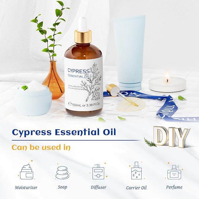 HIQILI 100ML Cypress Essential Oil, 100% Natural for Diffuser, Skin Care, Includes 10ML Travel Bottle - 3.38 Fl Oz