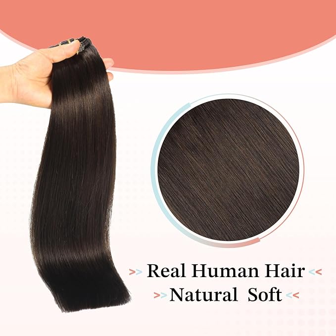 XDhair Clip in Hair Extensions Human Hair 7pcs 140g 16 Inch Dark Brown Real Hair Extensions Clip in Human Hair Straight #2/16 Inch
