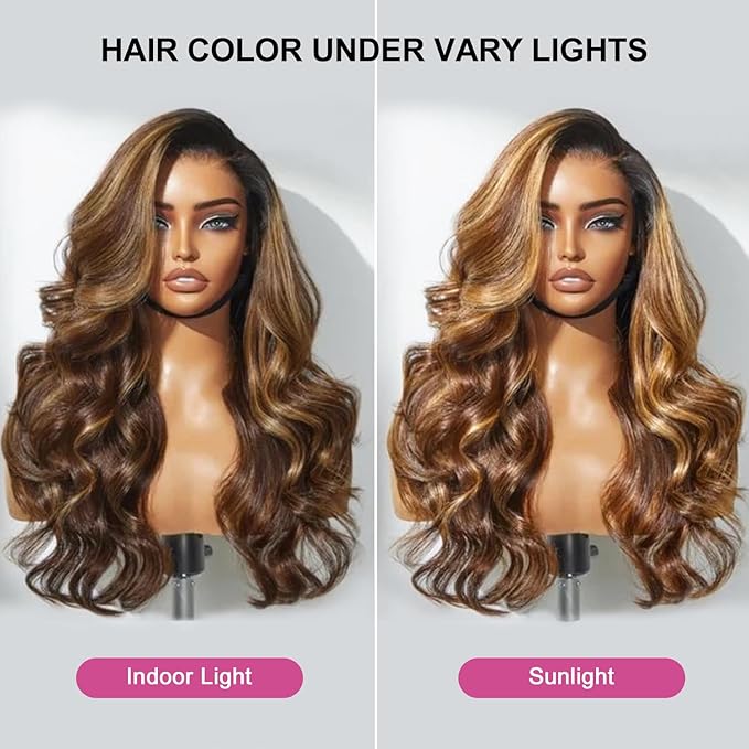 210% Density 13x6 Highlight Ombre Full Lace Frontal Wigs Human Hair 12A Body Wave Brazilian Human Hair Pre Plucked 4/27 Honey Blonde HD Glueless Transparent Lace with Baby Hair 30 Inch