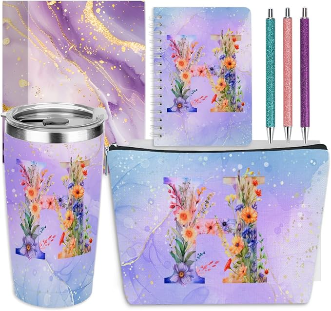 Personalized Gifts Monogrammed Birthday Gifts for Women, Bridesmaid Bachelorette Party Christmas Initial 20 oz Tumbler, Makeup Bag Cup Ballpoint Pens Journal Notebook 6 Set (Aesthetic Purple Flower H)