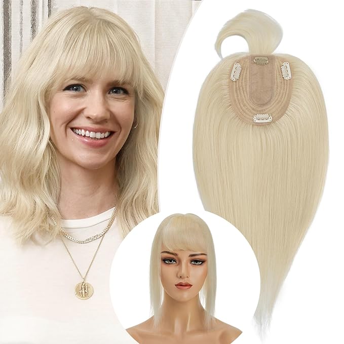 Rich Choices Real Human Hair Topper for Women With Bang - 100% Remy Hair for Thinning Hair, Clip in Silk Base, 12 Inch #60 Platinum Blonde