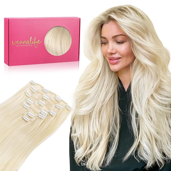 WENNALIFE 24 Inch Clip in Hair Extensions - Real Human Hair, 120g 7pcs Platinum Blonde Remy Double Weft