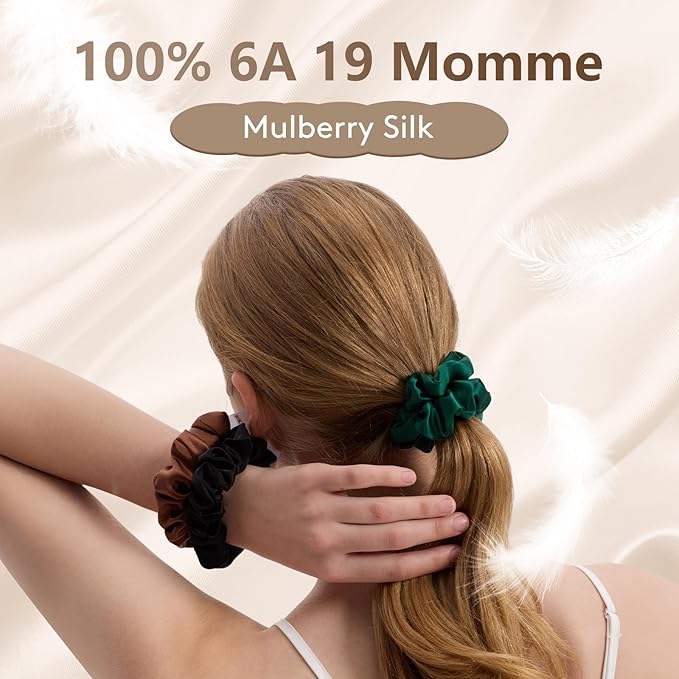 3 Pcs Silk Hair Ties, 22 Momme 100% Mulberry Hair Band, Silk Scrunchies for Women and Girls, 6A Grade No Damage Ponytail Holders (1.2in Width, Black Brown Dark Green)
