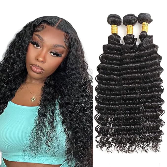 30 32 34 Inch Human Hair Bundles Color 1B Deep Wave Bundles Niegmeag Unprocessed Virgin Soft and Silky Remy Hair Extensions Double Weft Natural Black Deep Wave Bundle