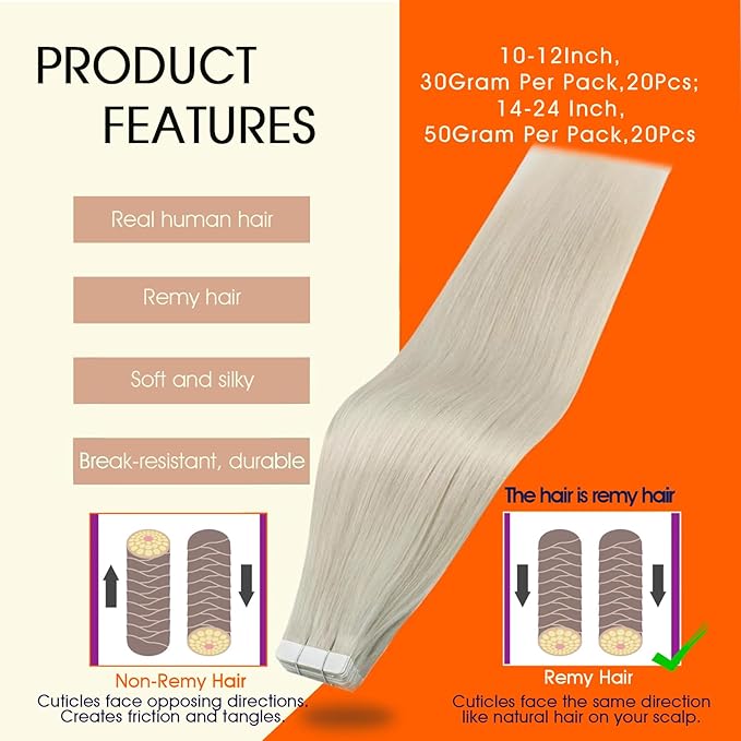 Full Shine Tape In Hair Extensions White Blonde Tape Hair Extensions Real Human Hair Lightweight Seamless Skin Weft Silky Straight 16Inch Remy Brazilian Extension 50G 20Pcs Natural